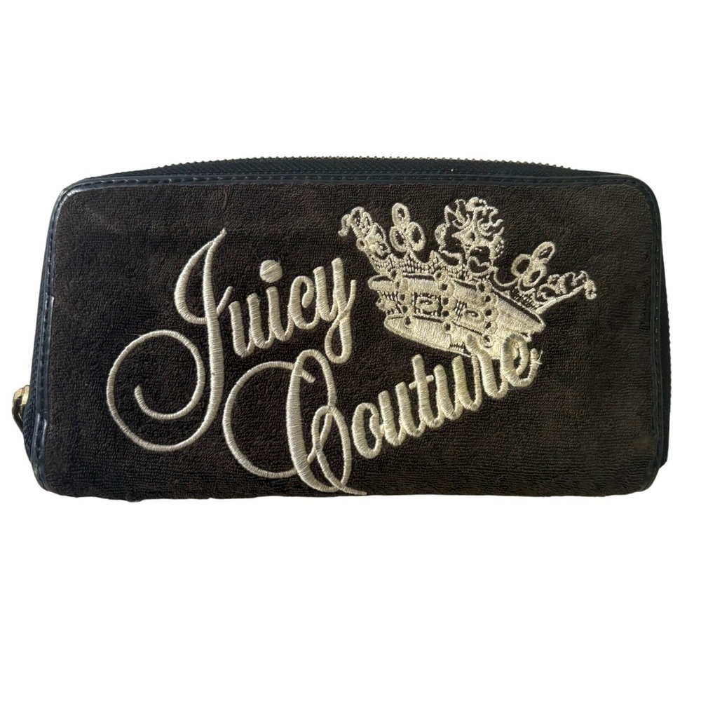 Vintage Juicy Couture Y2K Velour Zip Wallet Brown Embroidered Crown Charge It